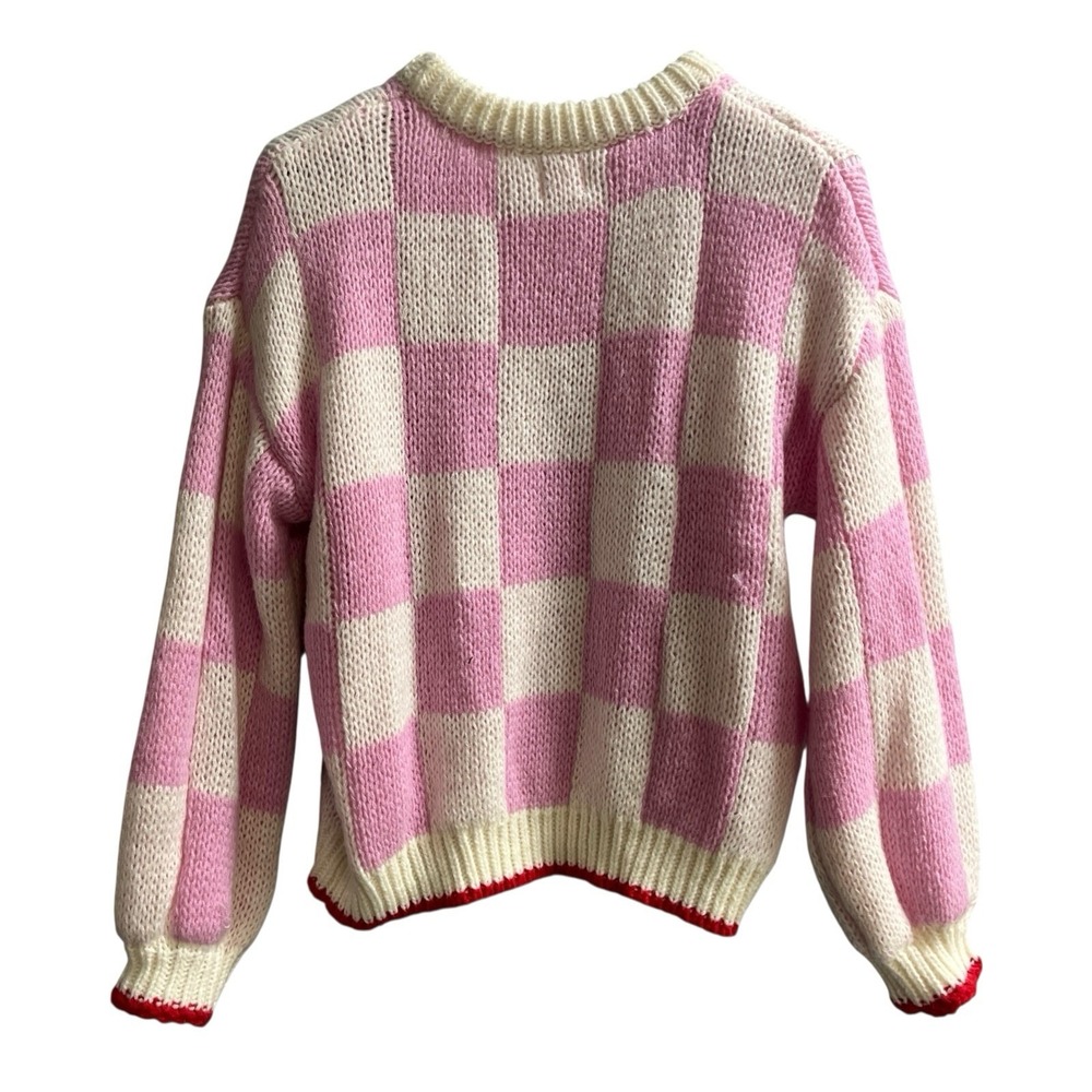 Luna Ivy‎ Sweater Womens L Pink White Checkerboard Heart Thick Knit Pullover - Picture 2 of 9